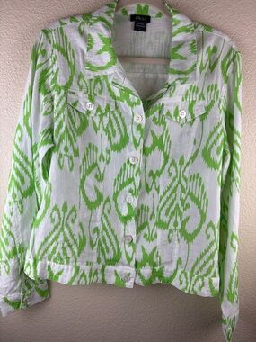 Pure Amici Women's Linen Bright Green White Long Sleeve Jacket Size L New